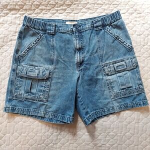 Savane Blue Denim Cargo Shorts Mens 38 Elastic Waist 100% Cotton Utility Hiking